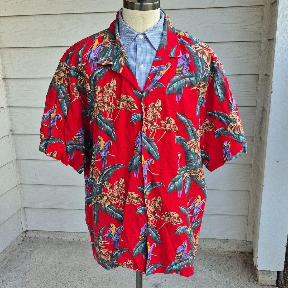 PARADISE FOUND‎ Red Parrots Magnum PI Cotton 4XL Mens Aloha Hawaiian Shirt RARE